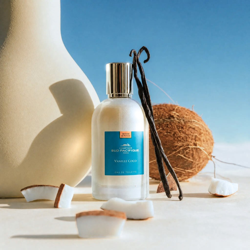 Vanille Coco Eau de Toilette by Comptoir Sud Pacifique photographed with coconut-inspired styling